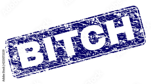 BITCH stamp seal imprint with grunge style. Seal shape is a rounded rectangle with frame. Blue vector rubber print of BITCH tag with grunge style.