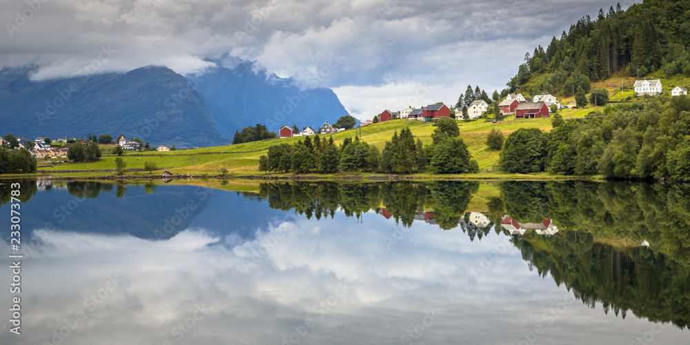 Panorama landscape of Nordic village in Norwegian fjord