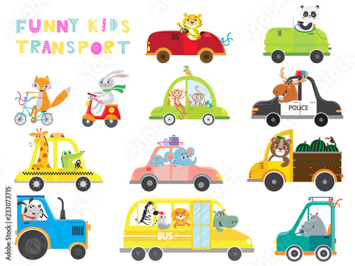  Set of kids transport with animal on white background . Collection funny cars. Vector illustration
