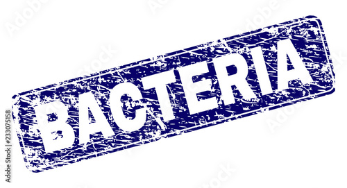 BACTERIA stamp seal print with distress texture. Seal shape is a rounded rectangle with frame. Blue vector rubber print of BACTERIA label with dust texture.