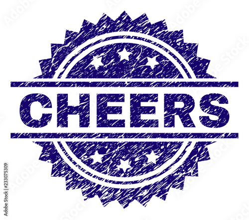 CHEERS stamp seal watermark with distress style. Blue vector rubber print of CHEERS caption with unclean texture.