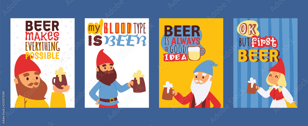 Garden gnome drink beer beard dwarf characters cadrs and gardening klitsch male figure background vector illustration Garden gnome drink beer beard dwarf characters cadrs and gardening klitsch male figure background vector illustration