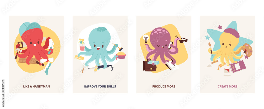 Cartoon multitasking octopuses motivating cards vector illustration. Builder, like a handyman. Hairdresser, improve your skills. Office worker, produce more. Artist, create more.