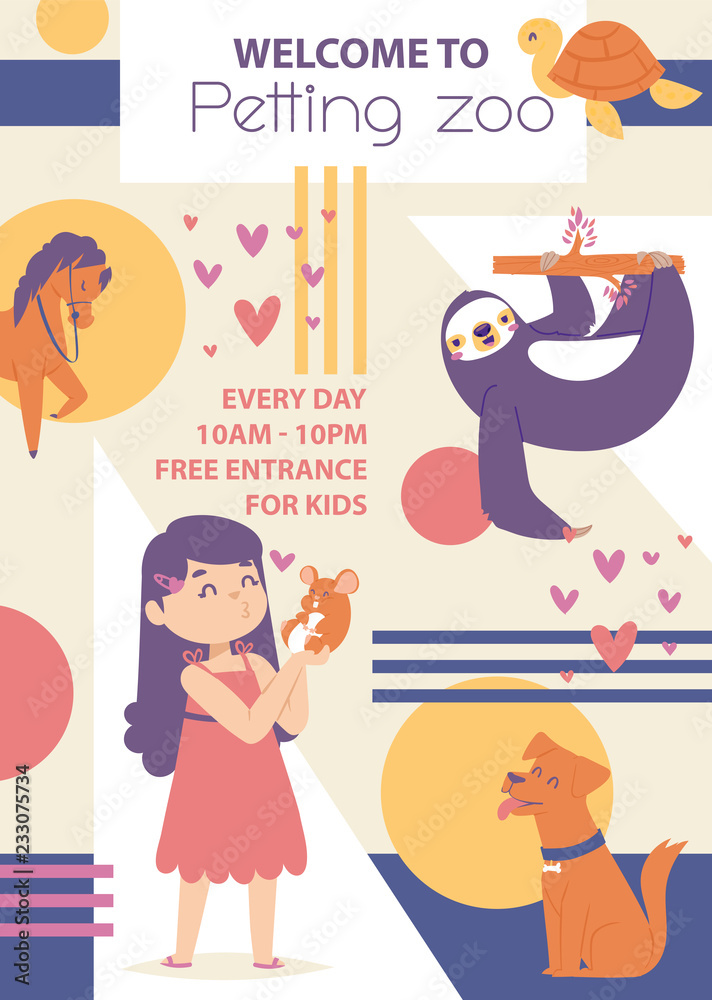 Fototapeta premium Petting zoo vector poster. Girl playing with animals. Happy animals dog sloth, horse mouse, turtle. Lovely and friendly atmosphere. Kissing mouse.