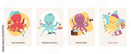 Cartoon multitasking octopuses motivating cards vector illustration. Builder, like a handyman. Hairdresser, improve your skills. Office worker, produce more. Artist, create more.