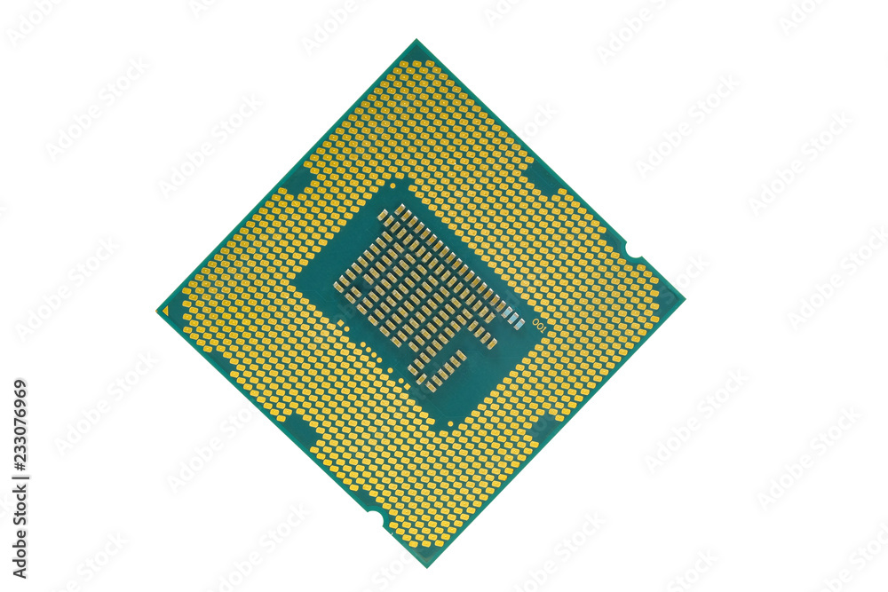 Back of CPU Processor with brass poles for connecting to the sockets CPU on desktop, laptop mobile, smartphone and tablet motherboard, isolated on white background Back of CPU Processor with brass poles for connecting to the sockets CPU on desktop, laptop mobile, smartphone and tablet motherboard, isolated on white background