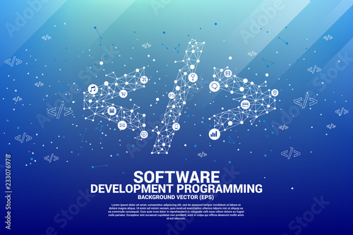 Vector Polygon software development programming tag  with dot connect line and functional utility icon. Concept for Programming language technology and coding.