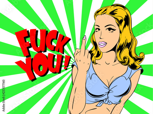 Young beautiful woman shows middle finger fuck you. Cartoon style vector illustration.