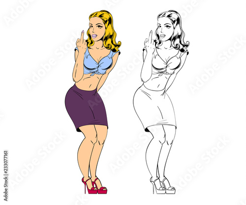 Young beautiful woman shows middle finger fuck you. Cartoon style vector illustration.