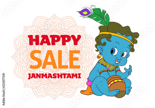 Indian holiday decorate poster with baby Krishna. Vector illustration.