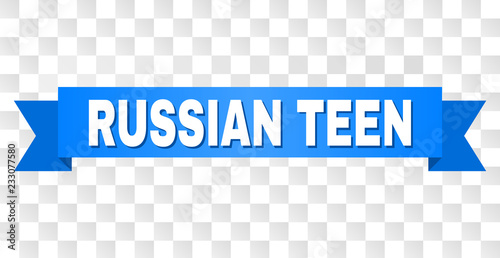 RUSSIAN TEEN text on a ribbon. Designed with white caption and blue stripe. Vector banner with RUSSIAN TEEN tag on a transparent background.