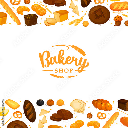 Bread products on white background. Poster frame