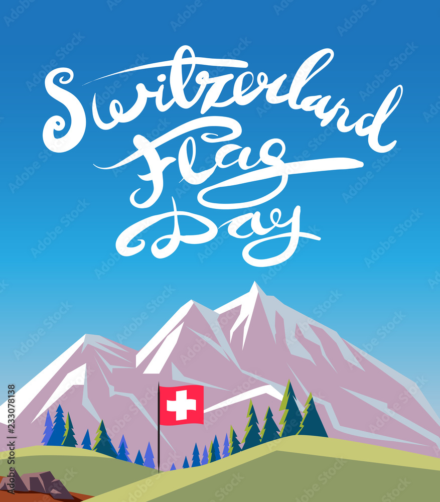 Switzerland ski resort poster design with mountains landscape. Vector illustration.