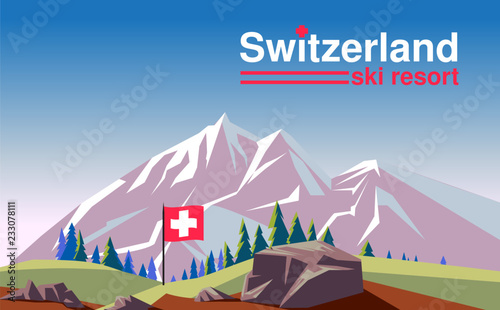 Switzerland ski resort poster design with mountains landscape. Vector illustration.