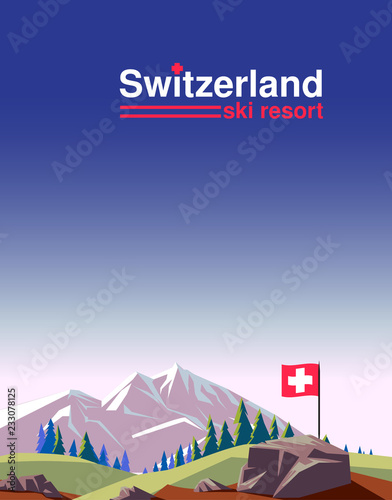 Switzerland ski resort poster design with mountains landscape. Vector illustration.