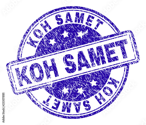 KOH SAMET stamp seal imprint with grunge texture. Designed with rounded rectangles and circles. Blue vector rubber print of KOH SAMET text with grunge texture.