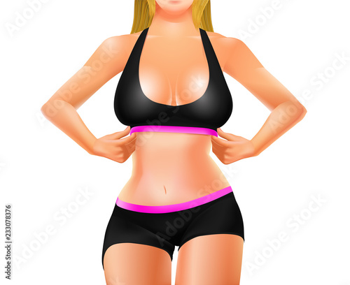 Young girl in sports shorts and top on a white background. Vector illustration.