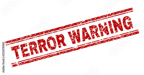 TERROR WARNING seal print with distress texture. Red vector rubber print of TERROR WARNING text with unclean texture. Text title is placed between double parallel lines.