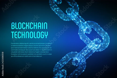 Block chain. Crypto currency. Blockchain concept. 3D wireframe chain with digital blocks. Editable cryptocurrency template. Stock vector illustration.