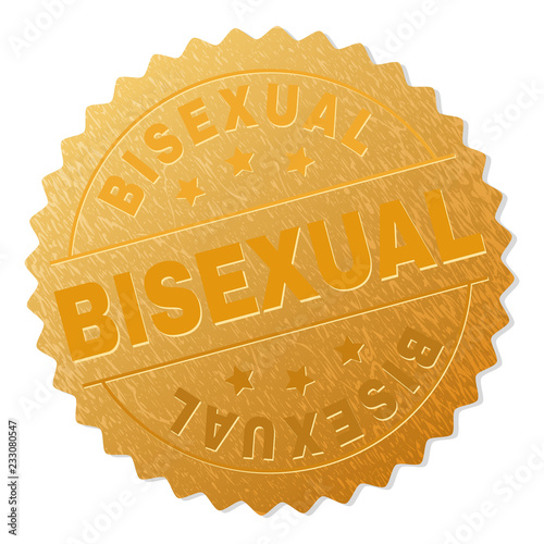 BISEXUAL gold stamp reward. Vector gold medal with BISEXUAL text. Text labels are placed between parallel lines and on circle. Golden area has metallic structure.