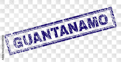 GUANTANAMO stamp seal print with rubber print style and double framed rectangle shape. Stamp is placed on a transparent background. Blue vector rubber print of GUANTANAMO caption with unclean texture.