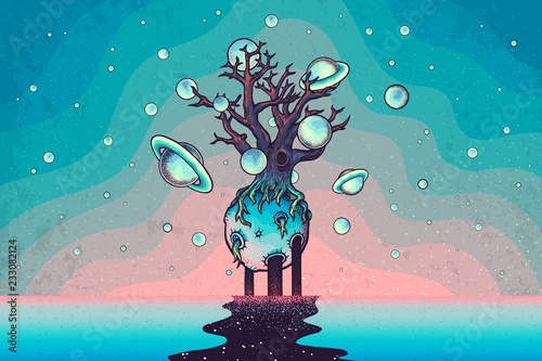 Hand drawn abstract mystery tree on the moon in deep space.