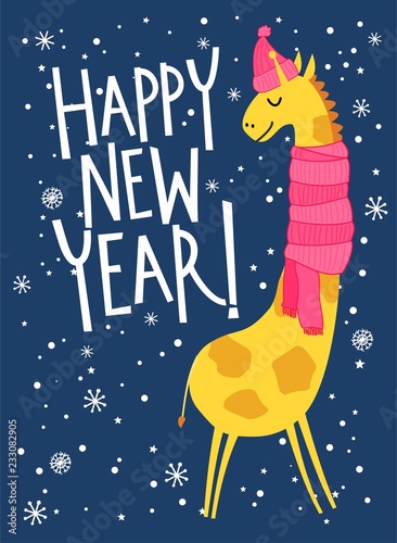 New Year greeting card with cute giraffe in cartoon style