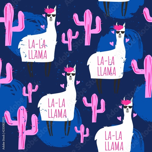 Seamless pattern with cute llama and cactus. Funny print with alpaca character