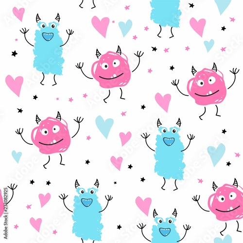 Seamless vector pattern with cute monster characters