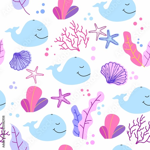 Seamless pattern with cute whale, seachells, sea corals and plants in cartoon...