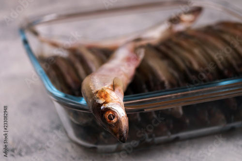 Raw fish over the edge of a glass container, the desire for freedom. photo