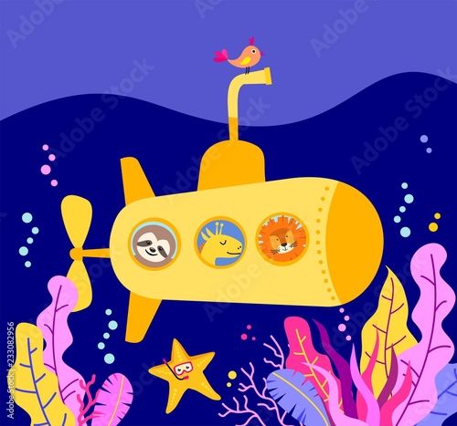 Submarine under water with animals: sloth, giraffe, lion. Kid vector illustration for print
