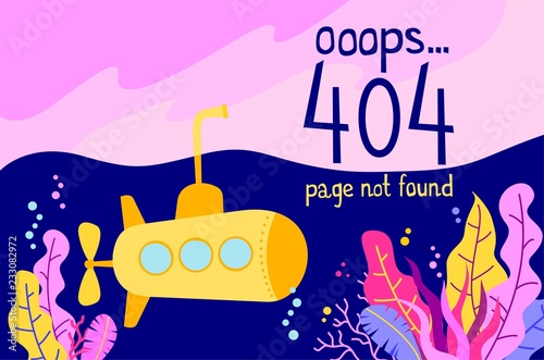 Page not found illustration with submarine under water. 404 error page vector...