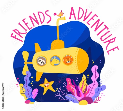 Submarine under water with animals: sloth, giraffe, lion. Kid vector illustration for print