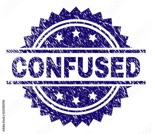 CONFUSED stamp seal watermark with distress style. Blue vector rubber print of CONFUSED title with dust texture.