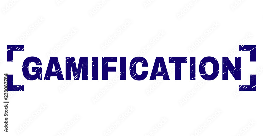 GAMIFICATION label seal print with corroded texture. Text label is placed inside corners. Blue vector rubber print of GAMIFICATION with scratched texture.
