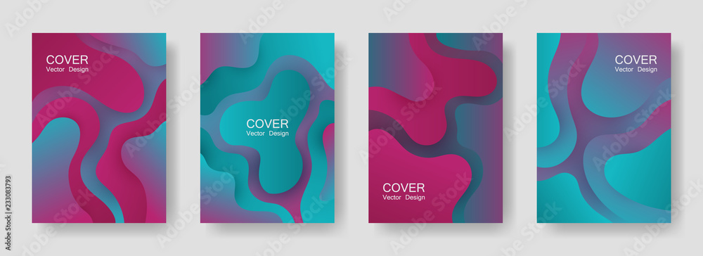Gradient fluid shapes abstract covers vector collection. Trendy presentation backgrounds design. Organic bubble fluid splash shapes, oil drop molecular mixture concept pattern. Cover layouts.