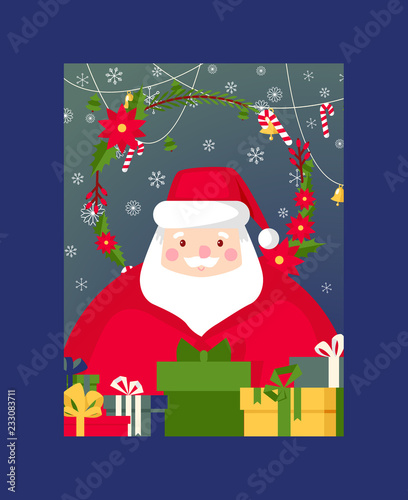 Christmas vector Merry Xmas greeting card with santa claus new year tree and ...