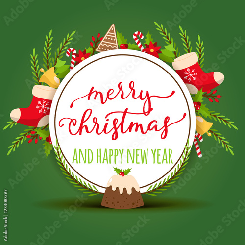 Christmas vector Merry Xmas greeting card with santa claus new year tree and ...