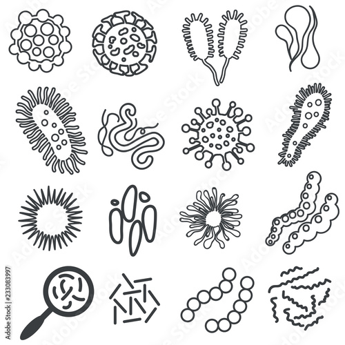 Microscopic viruses linear design, various shape. Bacteria infection set. Vector