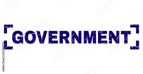 GOVERNMENT text seal print with distress texture. Text caption is placed between corners. Blue vector rubber print of GOVERNMENT with unclean texture.