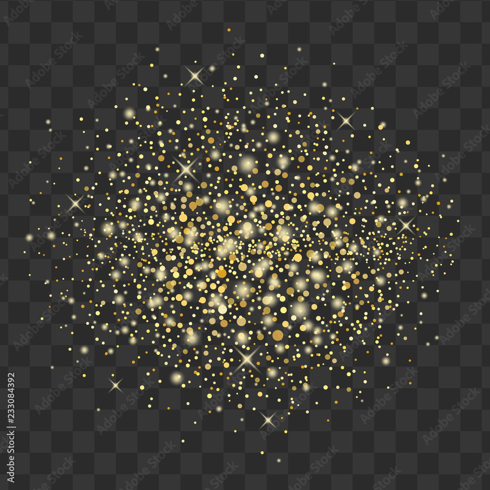 Gold glitter on transparent background. Vector shine texture. Design element for cards, invitations, posters and banners 