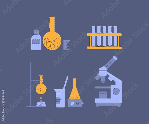 Set of laboratory supplies. Test tubes, myroscope, burner, flasks. Illustration in flat style.