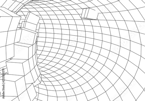 Tunnel or wormhole. Digital 3d wireframe tunnel. 3D tunnel grid. Network cyber technology. Surrealism. Background abstract vector image
