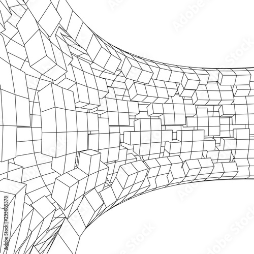 Tunnel or wormhole. Digital 3d wireframe tunnel. 3D tunnel grid. Network cyber technology. Surrealism. Background abstract vector image