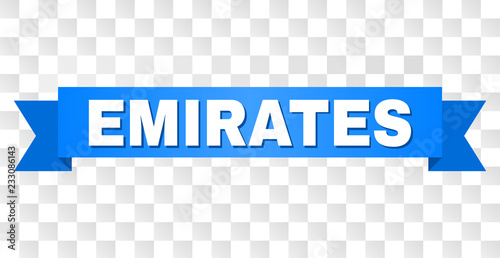 EMIRATES text on a ribbon. Designed with white caption and blue stripe. Vector banner with EMIRATES tag on a transparent background.