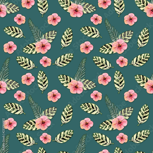 Seamless pattern. Tropical leaves watercolor background.. Tropical leaves watercolor background. Flower illustrations.