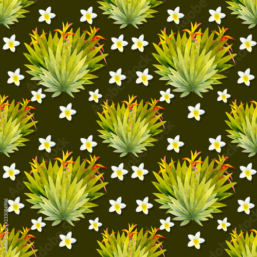 Seamless pattern. Tropical leaves watercolor background.. Tropical leaves watercolor background. Flower illustrations.