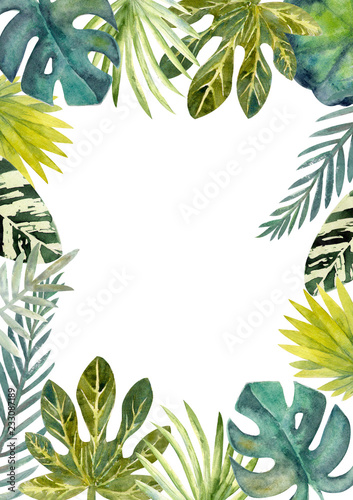 Fototapeta Naklejka Na Ścianę i Meble -  Watercolor frame of colorful tropical leaves. For invitations, greeting cards and Wallpapers.