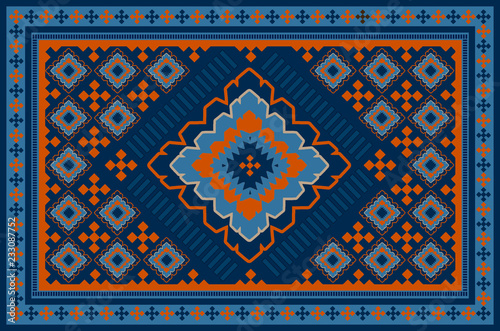 
Vintage pattern of a luxury old oriental carpet with orange,dark blue and beige patterns on blue background

